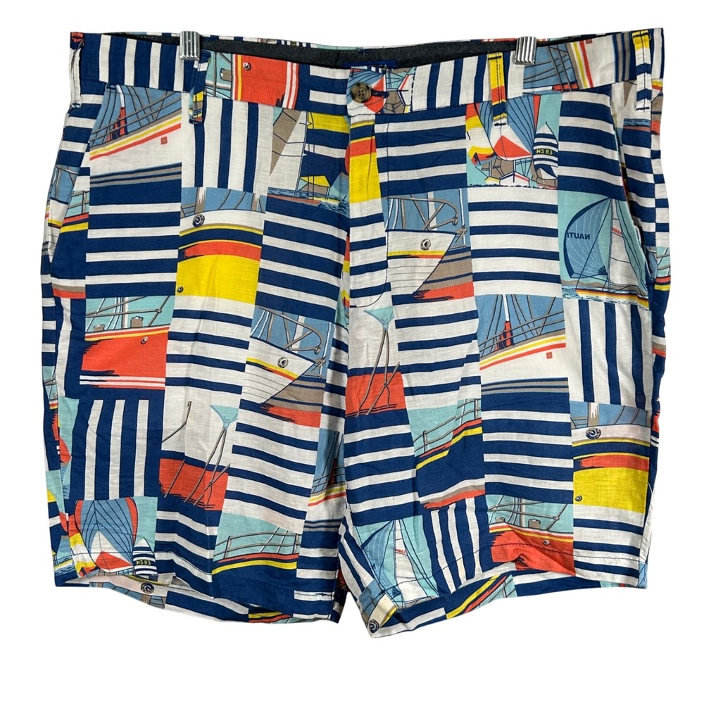 Nautica Blue Sail Mens 38W Shorts Linen Cotton Sailboat Stripe Multi Color Print